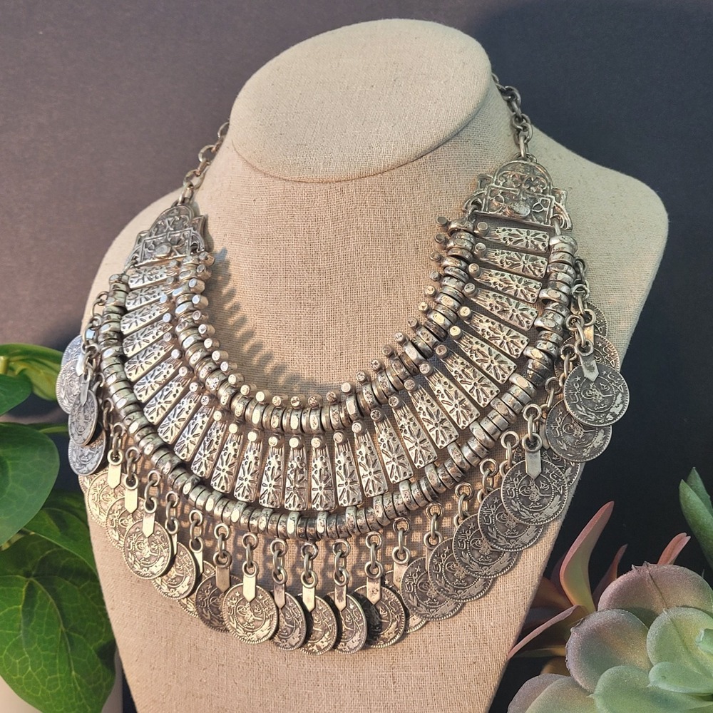 Vintage Mid Century Ottoman Coin Tughra Tribal Collar Necklace 17in Boho